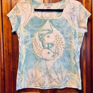 Vintage Suzie Turquoise Green swimming Koi Square Neck T-Shirt Top